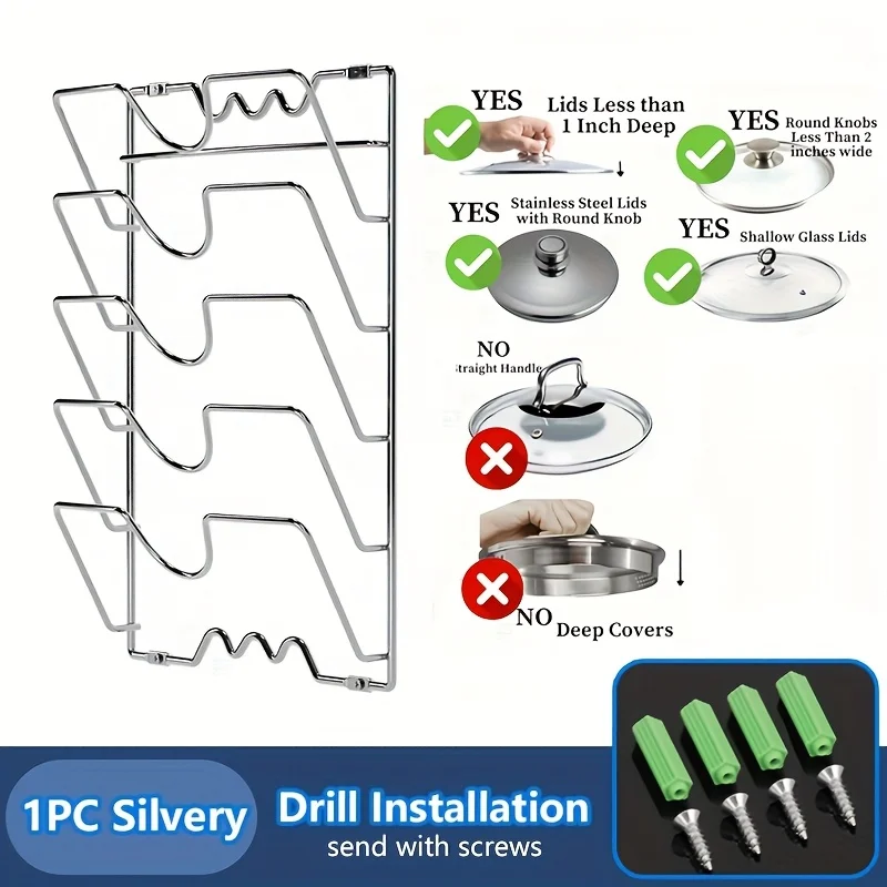 1 piece of steel pot lid storage rack -5-layer wall mounted shelf for kitchen cabinets, space saving metal bracket for pot lid a - Image 4