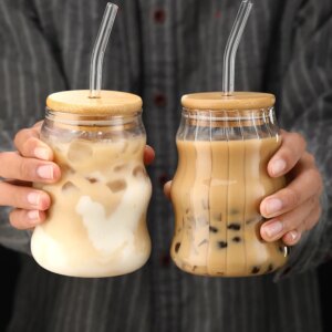 1/2pcs 500ml Glass Tumblers Cups With Straw Mason Jar Clear Juice Coffee Milk Cup With Bamboo Lids Drinkware Stripe Beer Mug