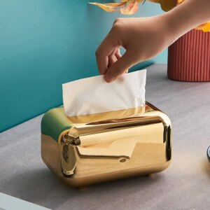 Luxury Golden Tissue Boxes Storage Napkin Holder Paper Case Organizer Ornament Craft Desktop Tissue Holder Kitchen Tissue Box “