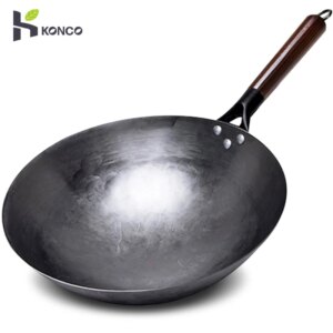 Household Iron Wok,Hand Forging Iron Pan Wooden Handle Pure Iron No Coating Non-stick Wok Pot Gas Cooker