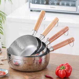 Stainless steel  pan Japanese Snow Pan Wooden Handle Lid Stew Pots Fry Wok Saucepan Milk Pot Kitchen Utensils Practical Cookware