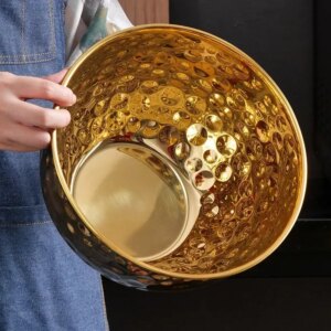 1pcs Gold Stainless Steel Hammer Point Fruit Bowl Salad Plate Egg Pot Thickened Baking Mixing Cooking Bowl Creative Decoration