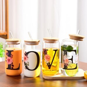 500ml Letter Pattern Glass Drinking Cup with Lid and Straw Transparent Glass Cup Reusable Easy To Clean Suitable for Gift Giving